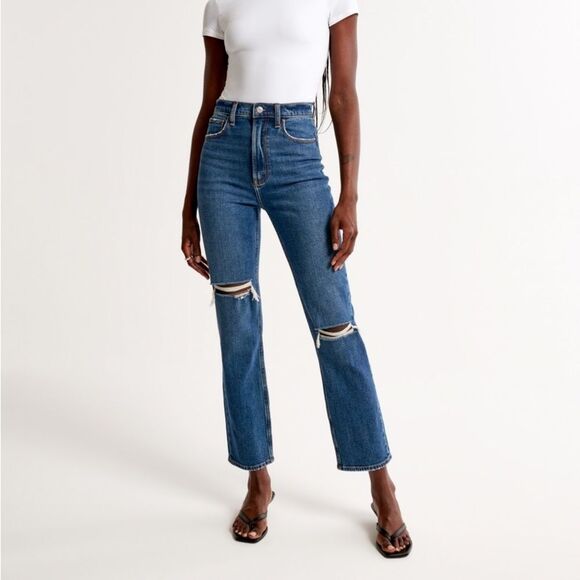 Abercrombie and Fitch Ultra High Rise Ankle Straight Jean Dark Wash Distressed - Picture 1 of 7
